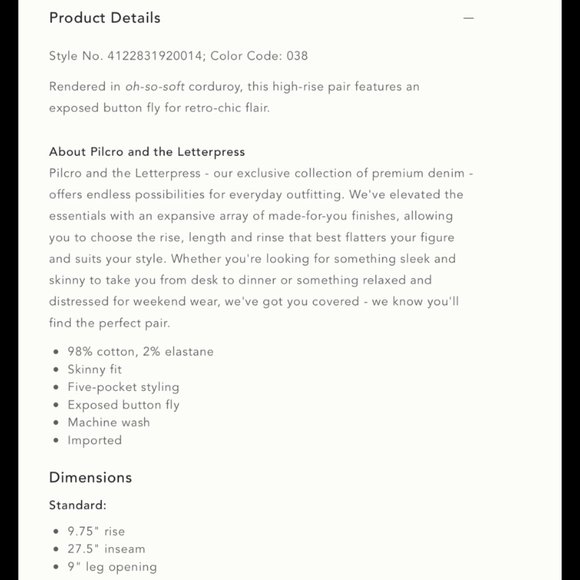 NWT stretchy corduroy high waisted skinny Anthropologie Pilcro pants size 30 - Picture 13 of 13